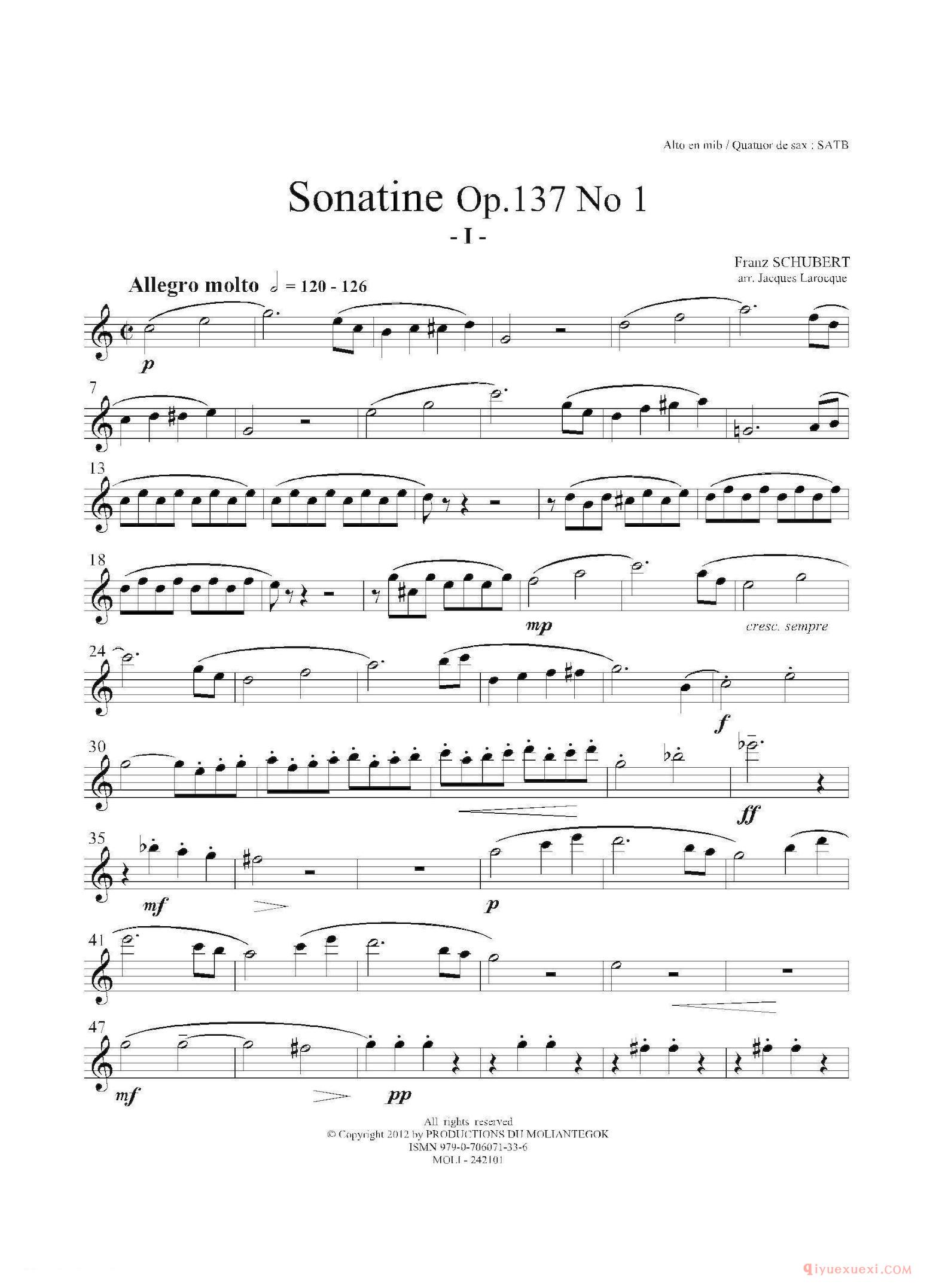 中音萨克斯分谱[Sonatine Op.137 No 1]四重奏