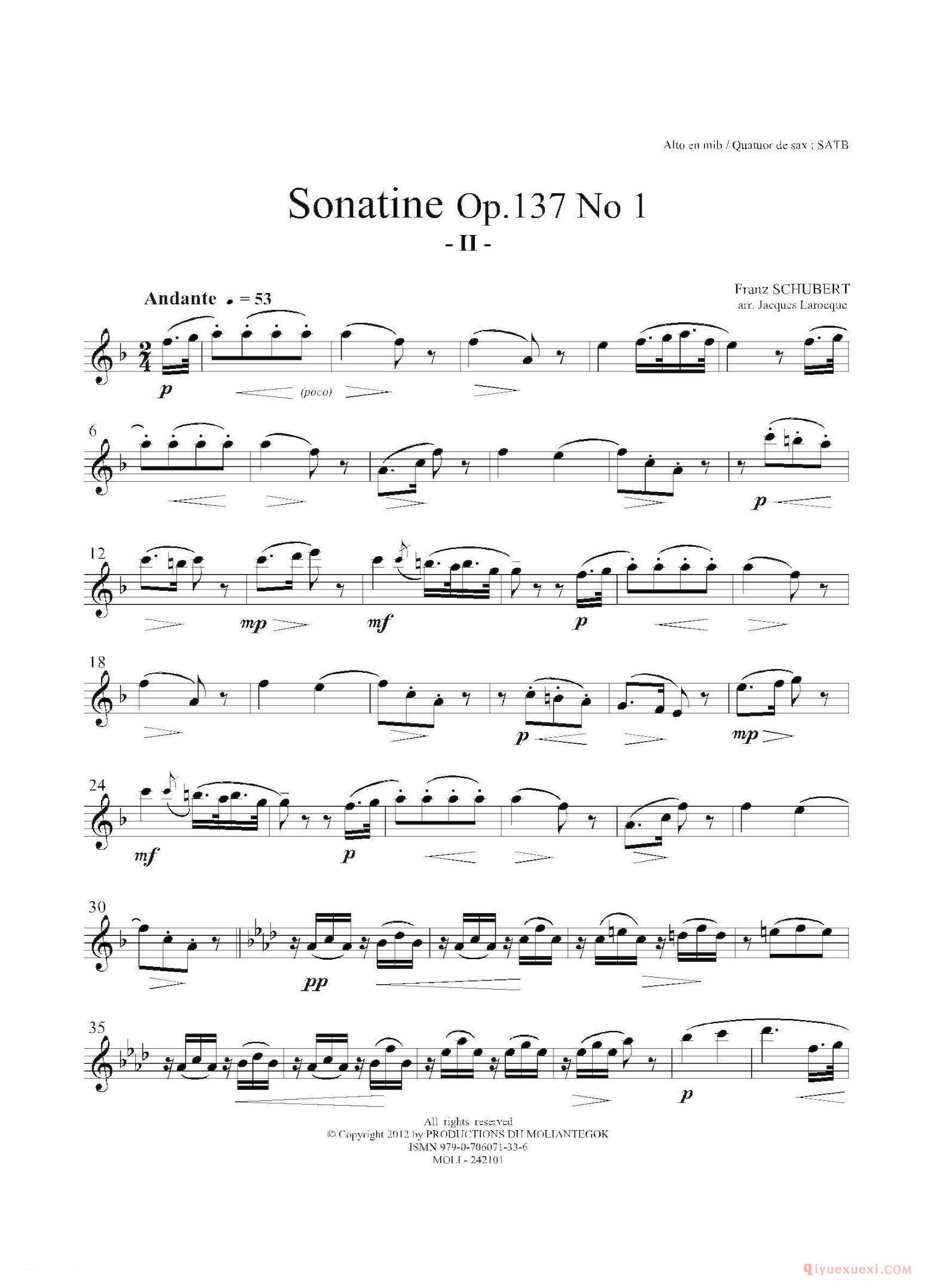 中音萨克斯分谱[Sonatine Op.137 No 1]四重奏