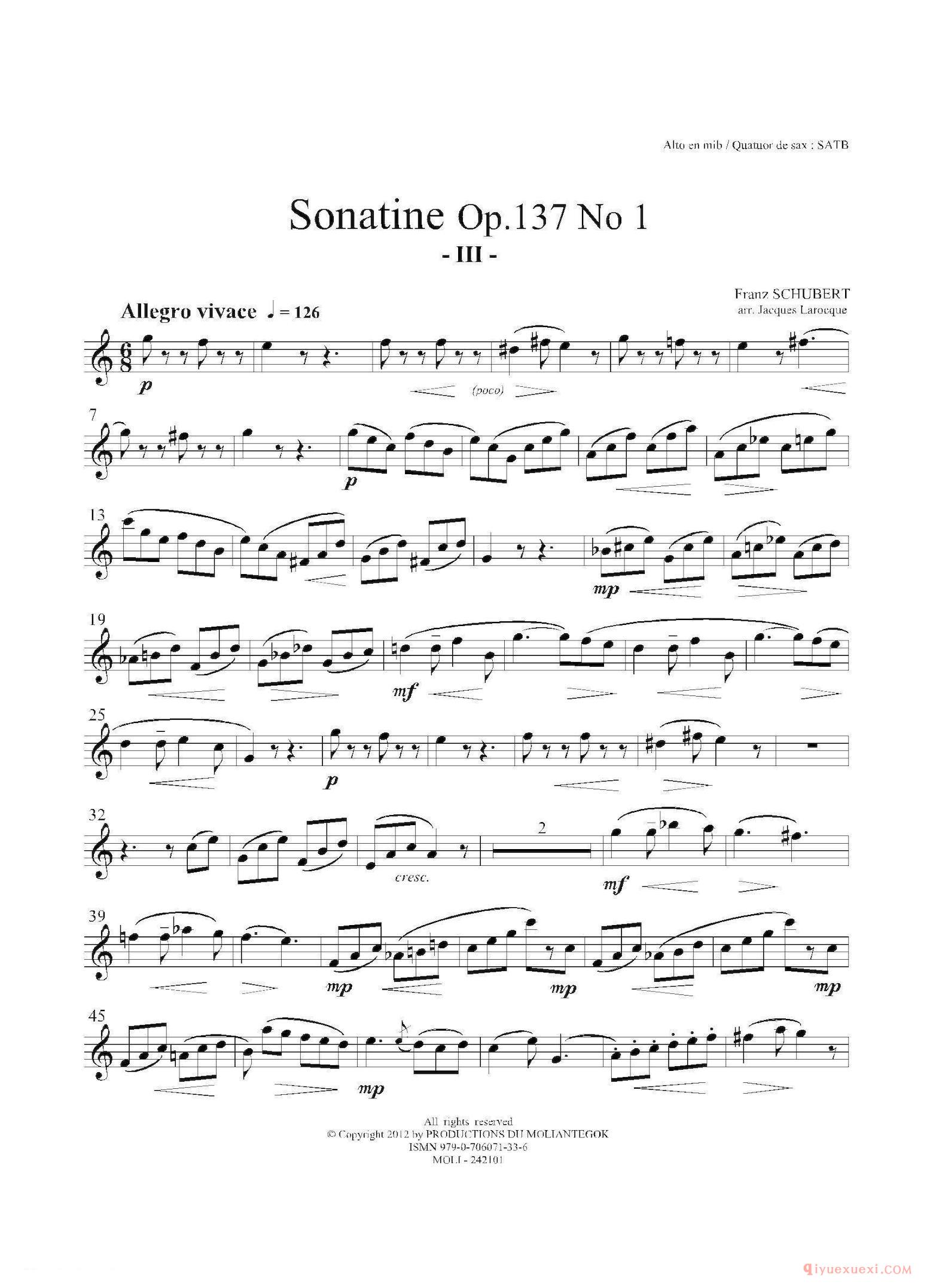 中音萨克斯分谱[Sonatine Op.137 No 1]四重奏