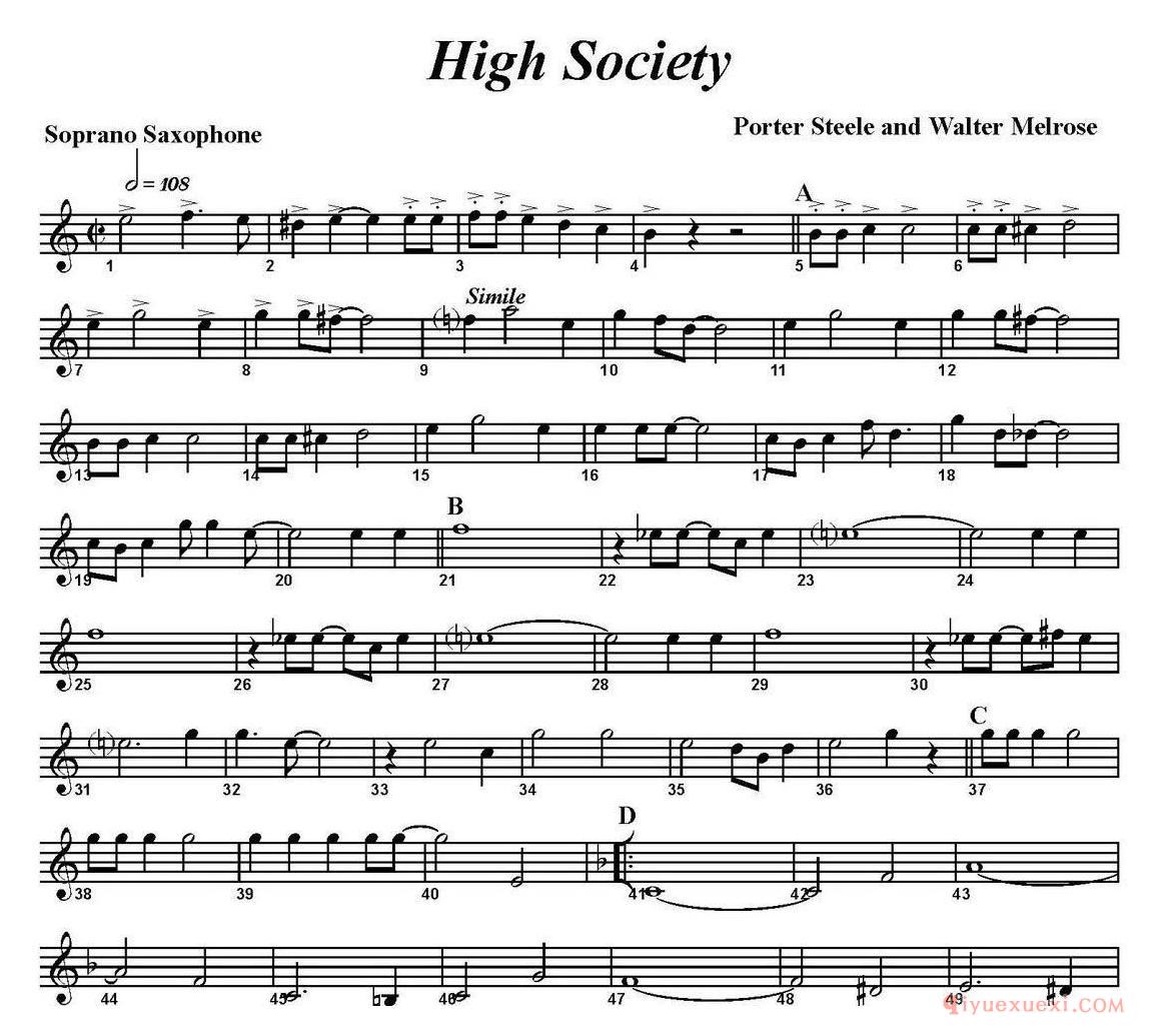 高音萨克斯分谱[High Society]四重奏