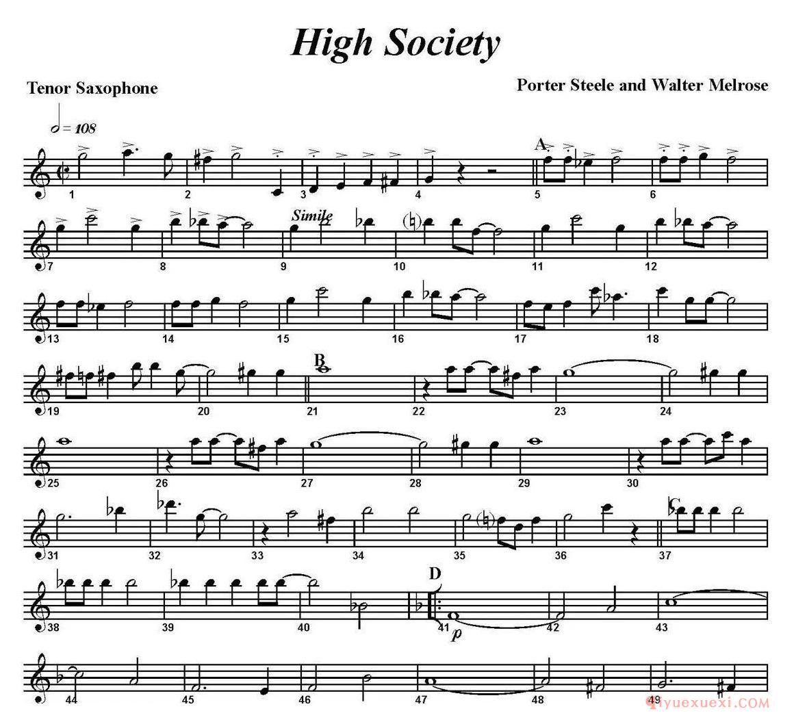 次中音萨克斯分谱[High Society]四重奏