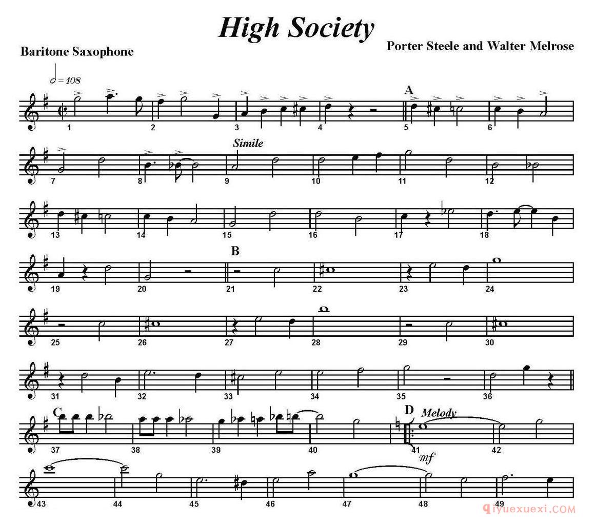上低音萨克斯分谱[High Society]四重奏