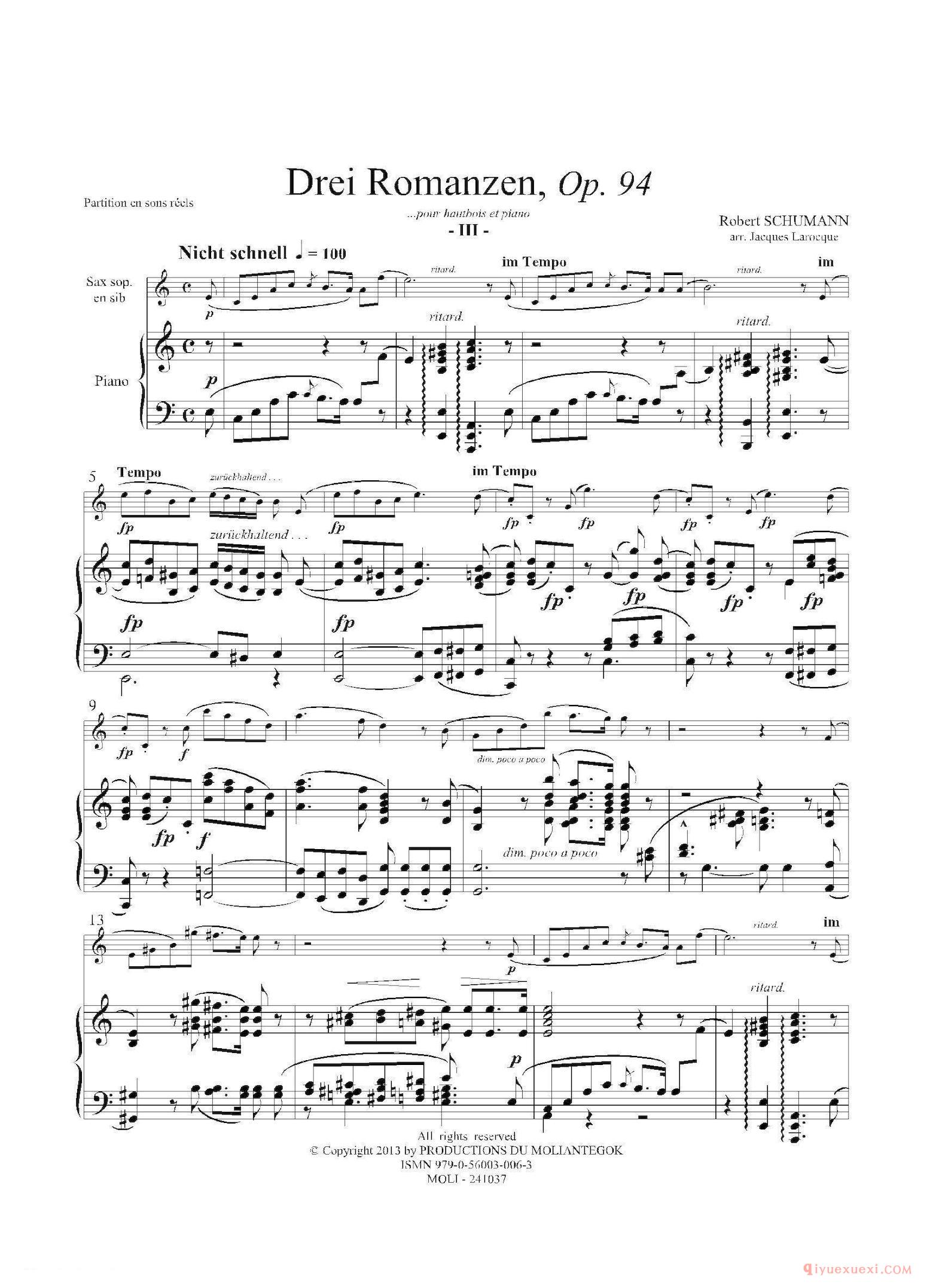 萨克斯谱[三首浪漫曲 Op.94]高音萨克斯+钢琴伴奏