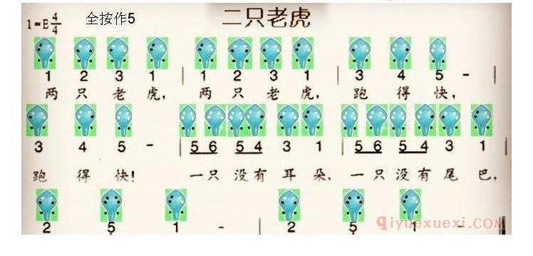 6孔陶笛谱子《二只老虎》