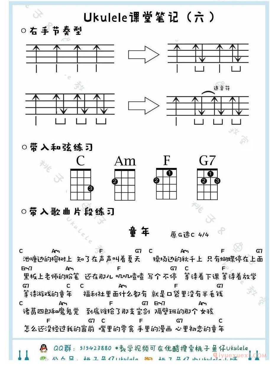 尤克里里零基础教学[第6课:万能的民谣扫弦节奏型/下下上空上下上/童年&再见]