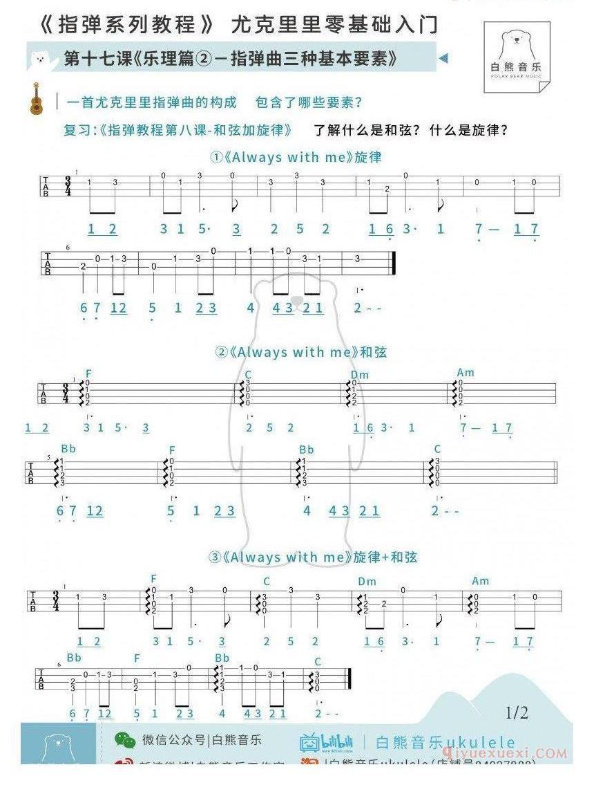 零基础尤克里里指弹教程《第17课：指弹曲的三种基本要素》白熊音乐