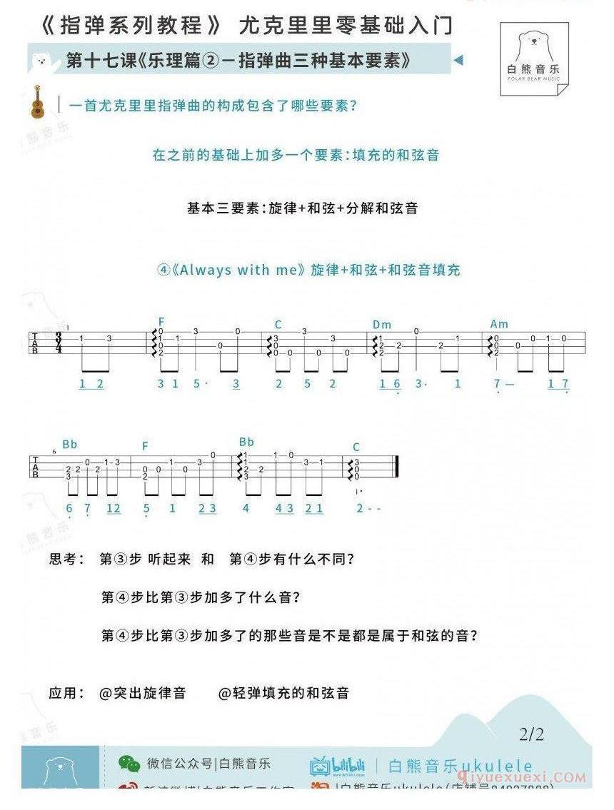 零基础尤克里里指弹教程《第17课：指弹曲的三种基本要素》白熊音乐