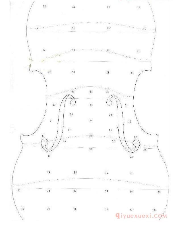 瓜尔内里 1742小提琴 面板,背板,琴头尺寸表