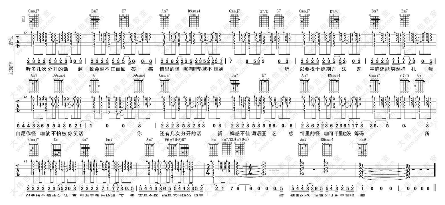 大伟吉他《怪咖》吉他伴奏弹唱演示谱