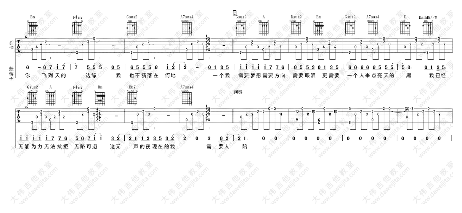 大伟吉他《需要人陪》高清六线谱
