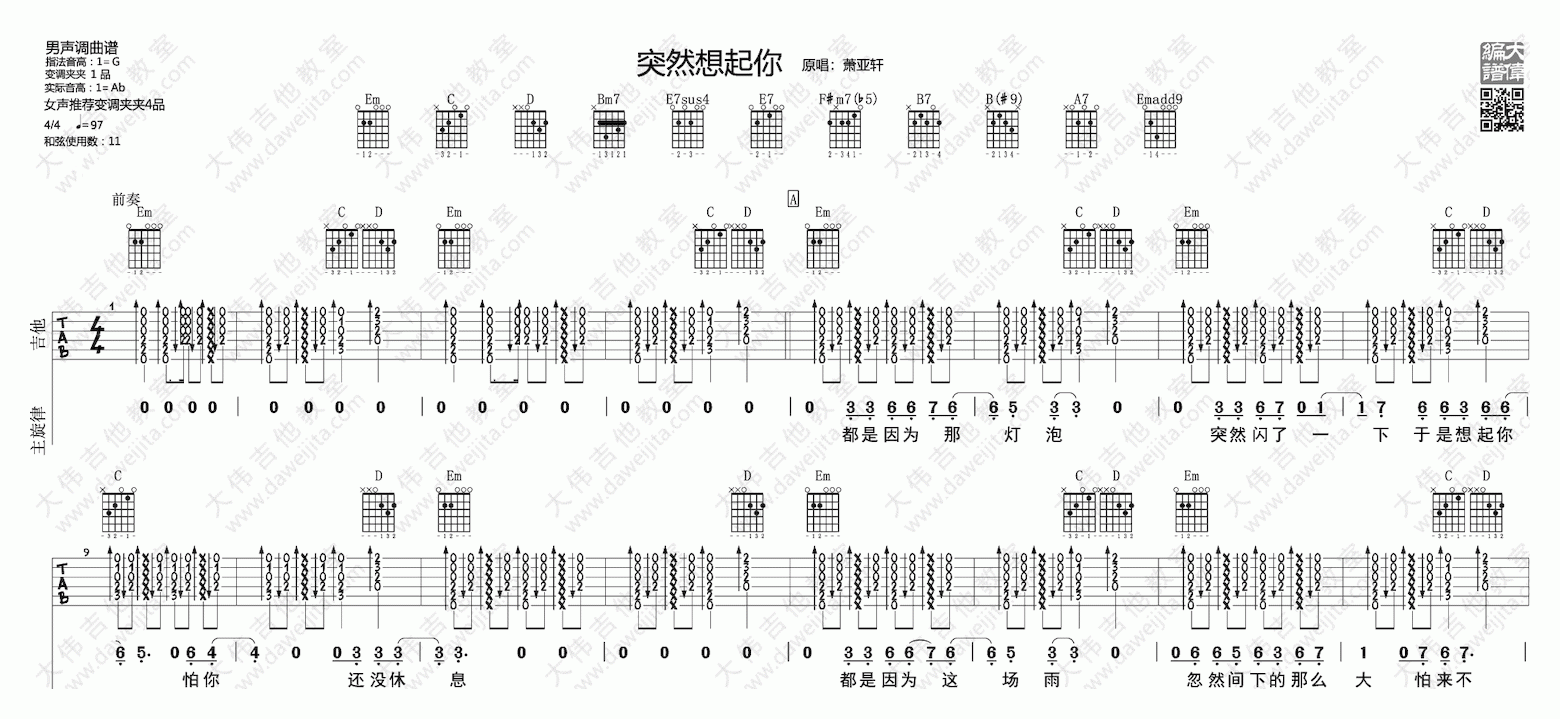 大伟吉他教室《突然想起你》吉他谱