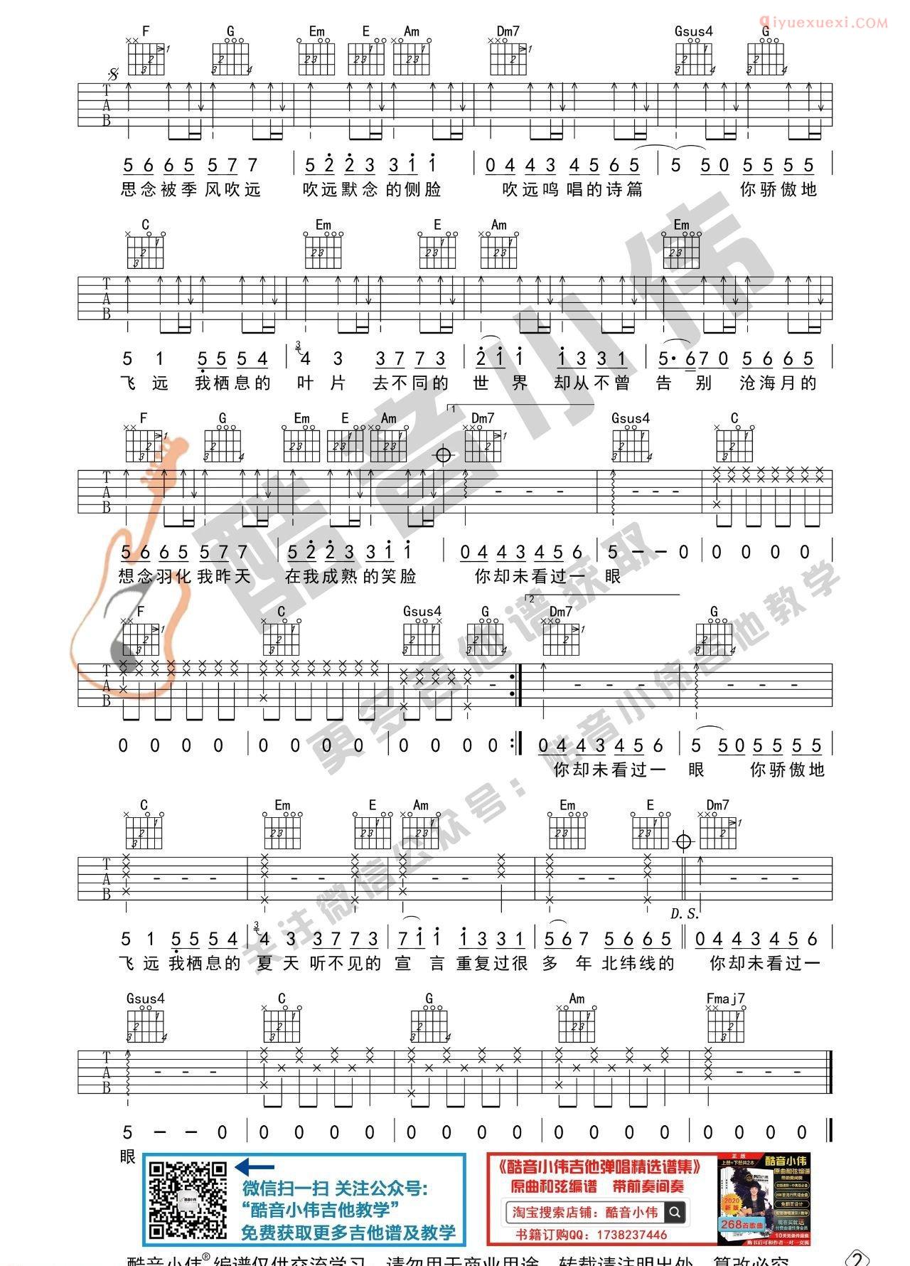 《飞鸟和蝉》吉他谱C调简单版-2