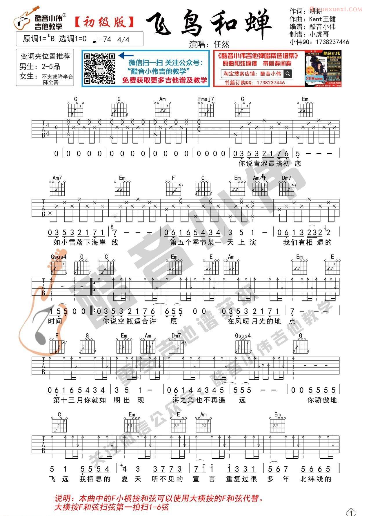 《飞鸟和蝉》吉他谱C调简单版-1