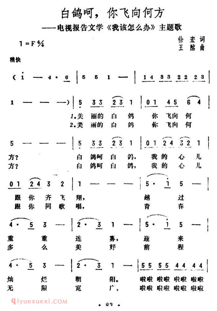 美声歌曲《白鸽呵，你飞向何方/电视报告文学/我该怎么办/主题歌》简谱