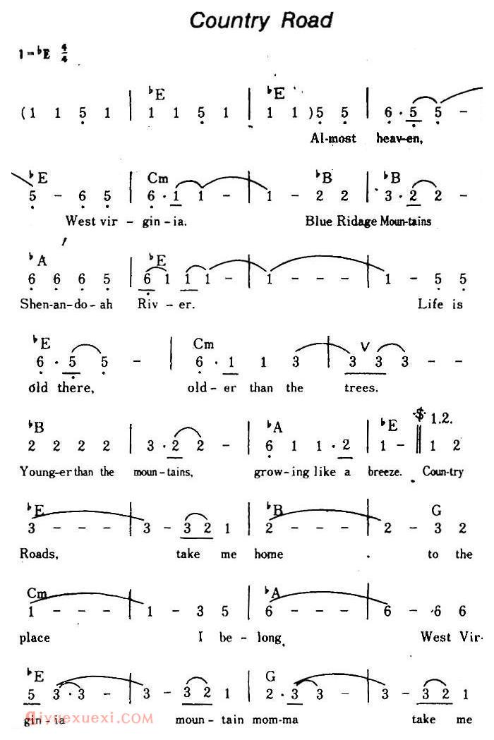 简谱《Country Road/乡间的路、带和弦》美国