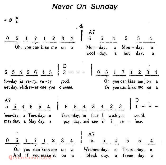 简谱《Never On Sunday/永不在星期天、带和弦》美国