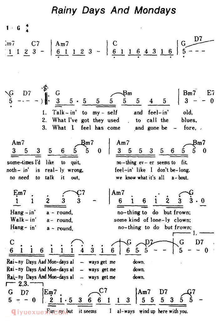 简谱《Rainy Days And Mondays/雨天和星期一、带和弦》美国