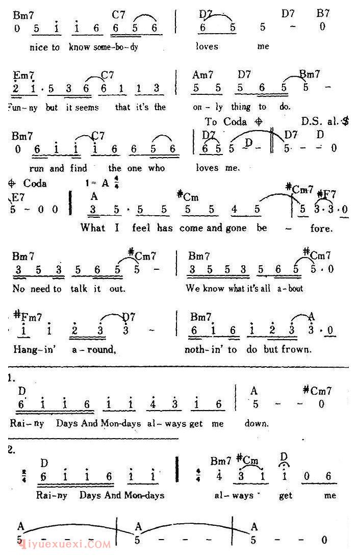 简谱《Rainy Days And Mondays/雨天和星期一、带和弦》美国