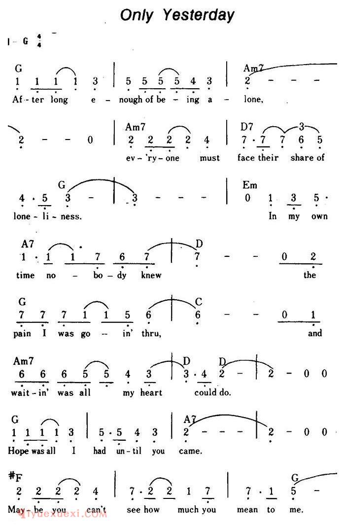 简谱《Only Yesterday/仅仅是昨天、带和弦》美国