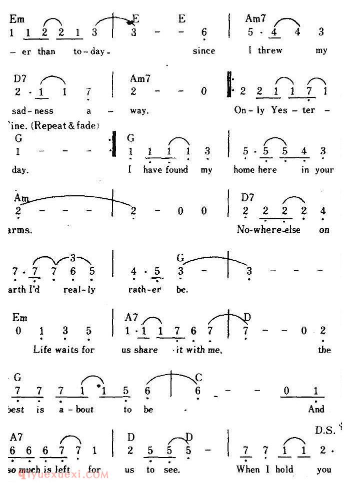 简谱《Only Yesterday/仅仅是昨天、带和弦》美国