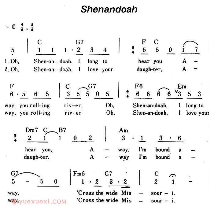 简谱《Shenandoah/沙那多哈、带和弦》美国