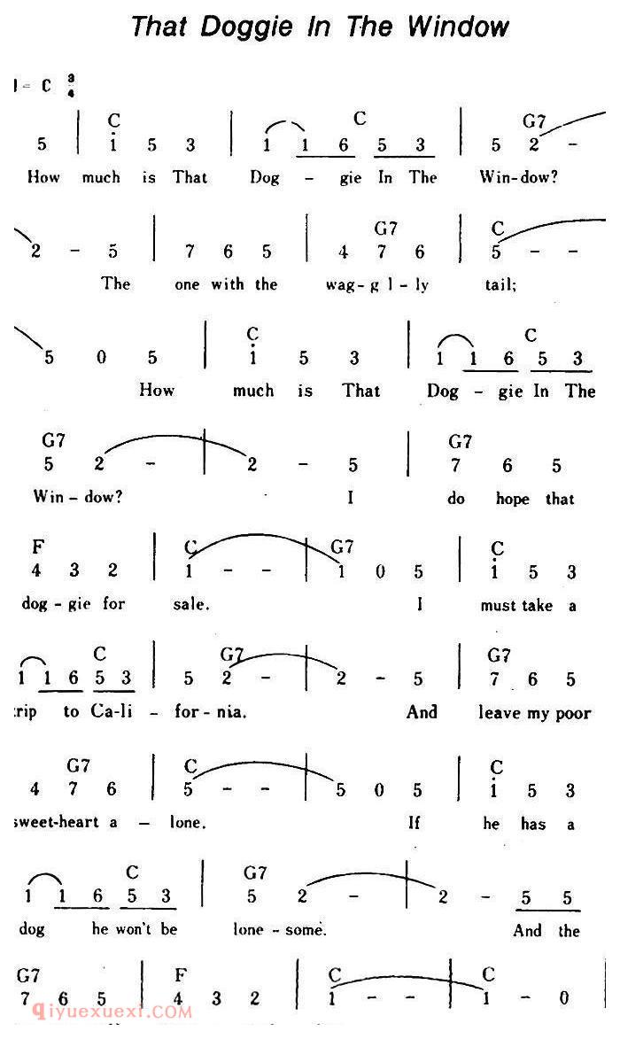 简谱《That Doggie In The Window/橱窗中的那只小狗、带和弦》美国