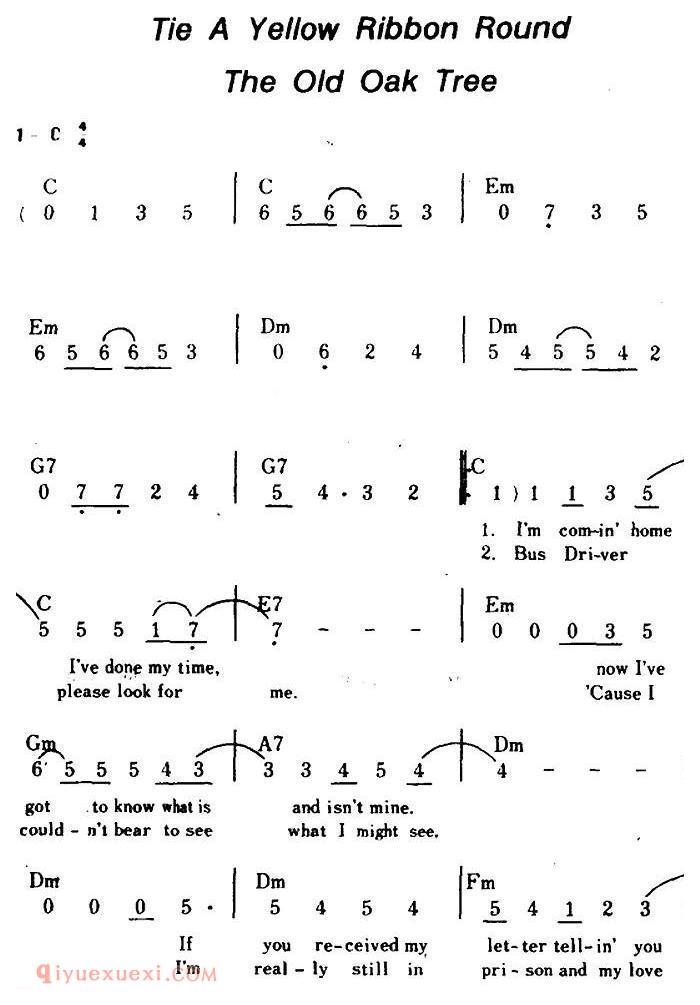 简谱《Tie A Yellow Ribbon Round The Old Oak Tree/老橡树上的黄丝带、带和弦》美国