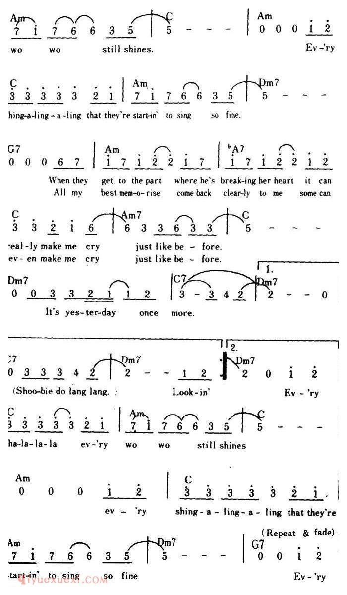 简谱《Yesterday Once More/昨天再来、带和弦》美国