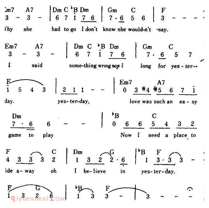 简谱《Yesterday/昨天、带和弦》美国