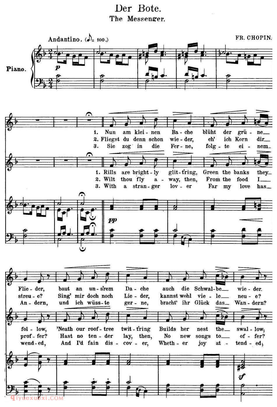 Chopin-17 Polish Songs Op.74，No.7（Der Bote. The Messenger.）钢琴伴奏谱