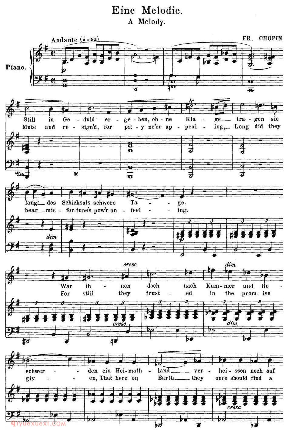 Chopin-17 Polish Songs Op.74，No.9（Eine Melodie. A Melody.）钢琴伴奏谱