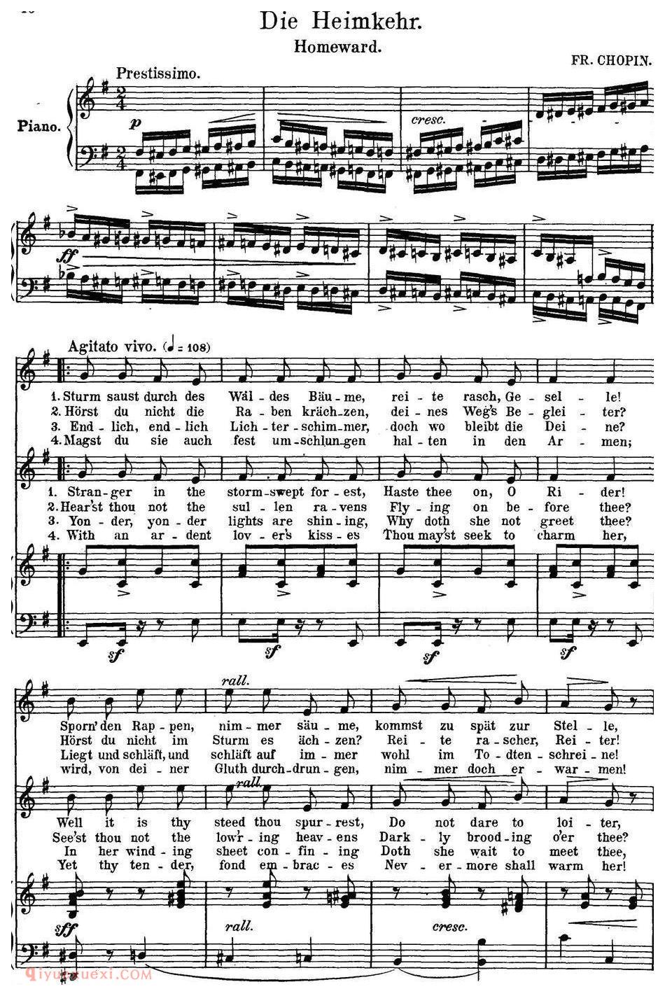 Chopin-17 Polish Songs Op.74，No.15（Die Heinmkehr. Homeward.）钢琴伴奏谱