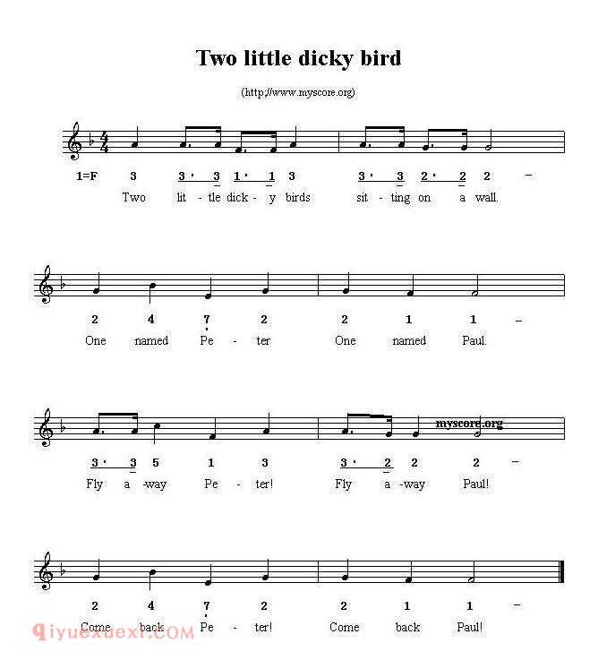 Two little dicky birds（线简谱混排版、英文儿歌）