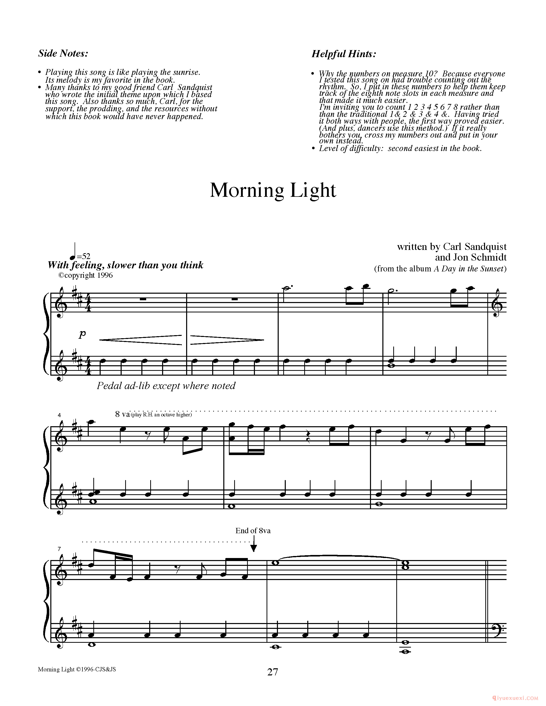 钢琴独奏曲谱《Morning Light》Jon Schmidt