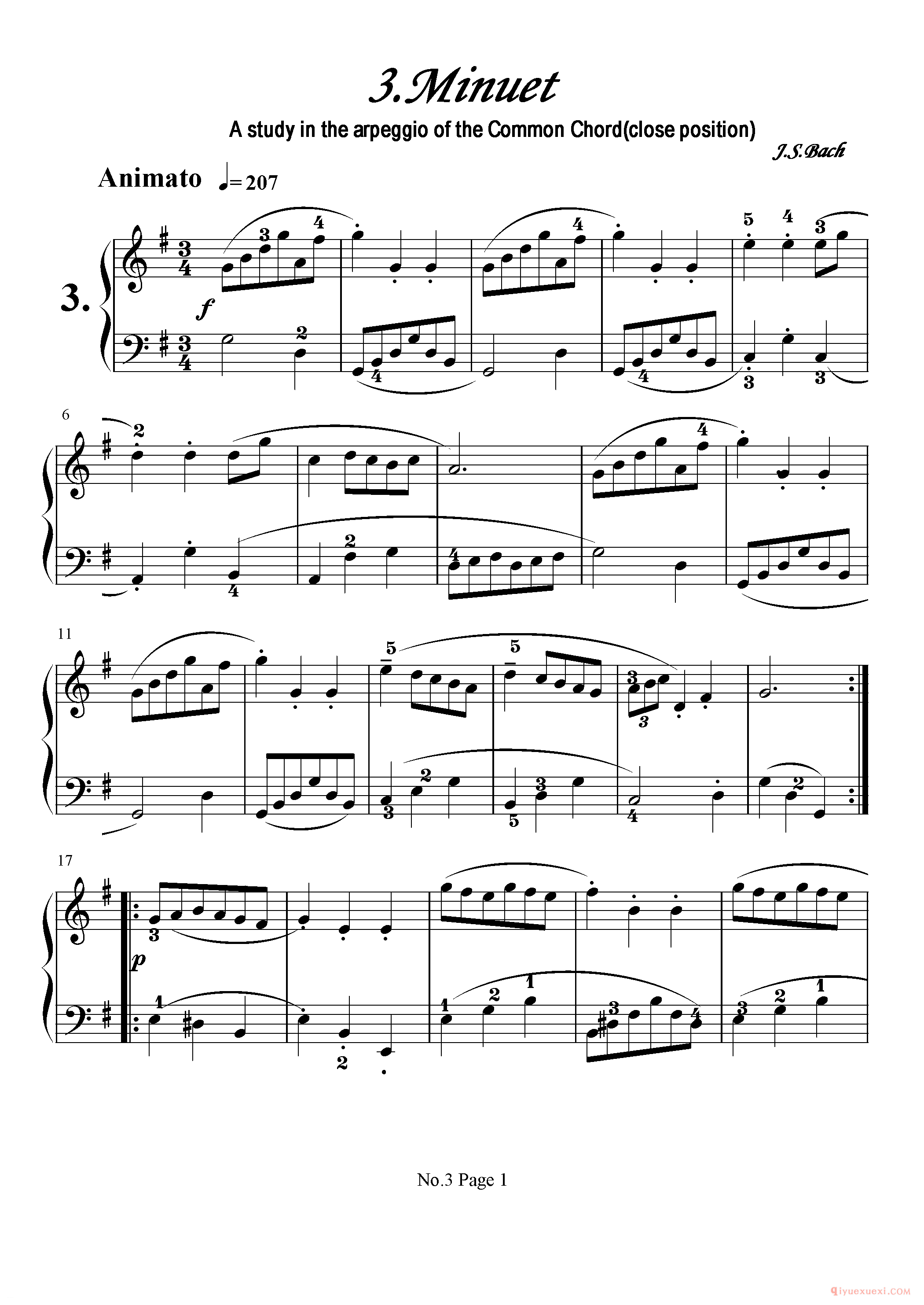初级钢琴乐曲谱《小步舞曲 Minuet》巴赫,A study in the arpeggio of the Common Chord(close position).