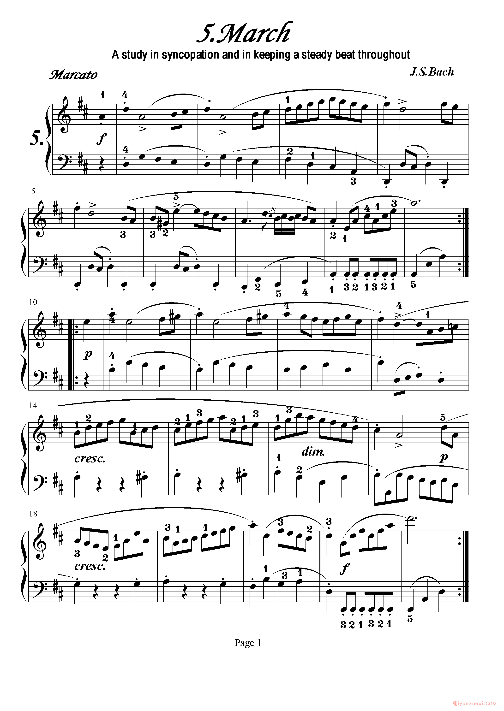初级钢琴乐曲谱《进行曲 MARCH》巴赫,A study in syncopation and in keeping a steady beat throughout.