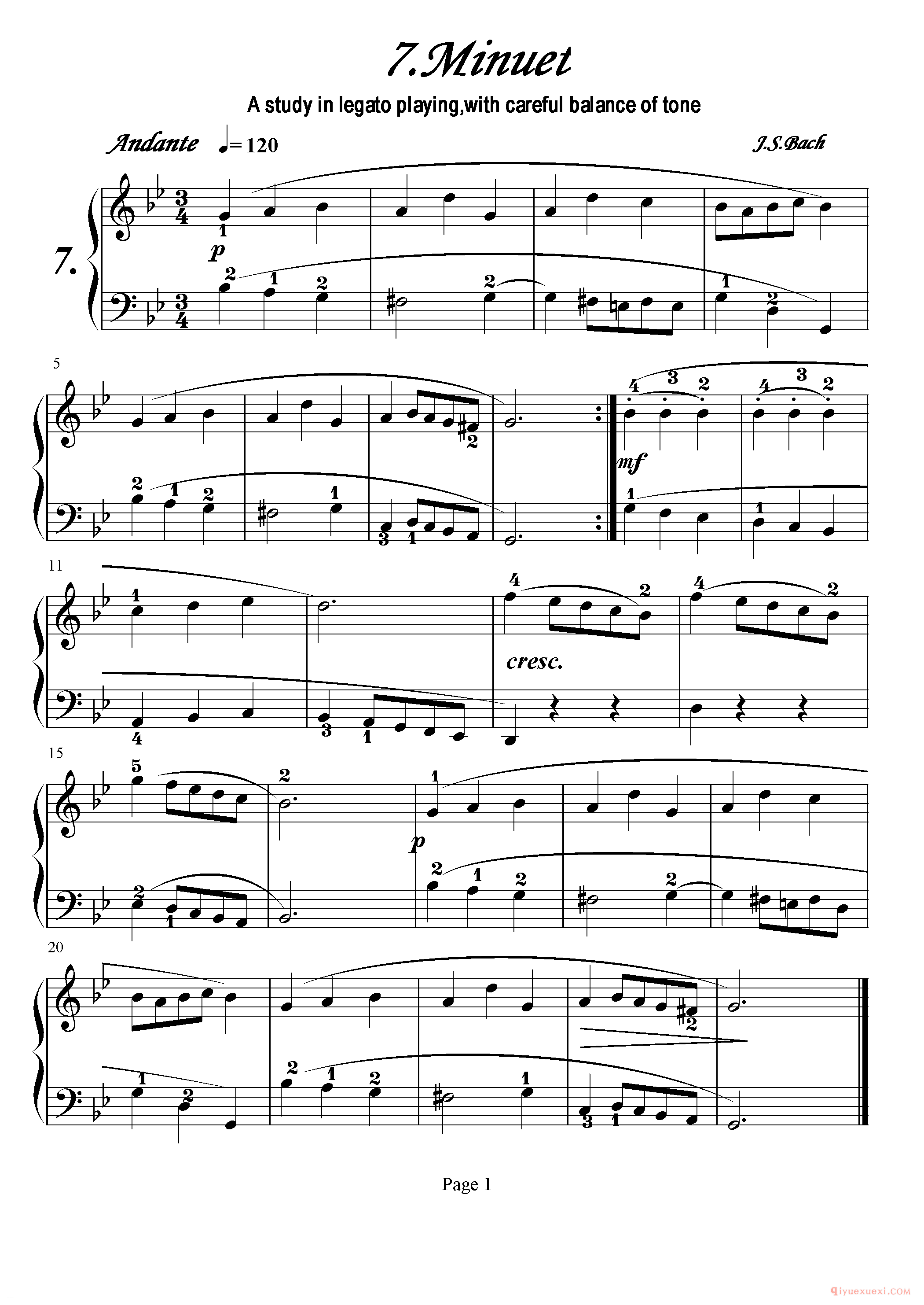 初级钢琴乐曲谱《7.小步舞曲 Minuet》巴赫