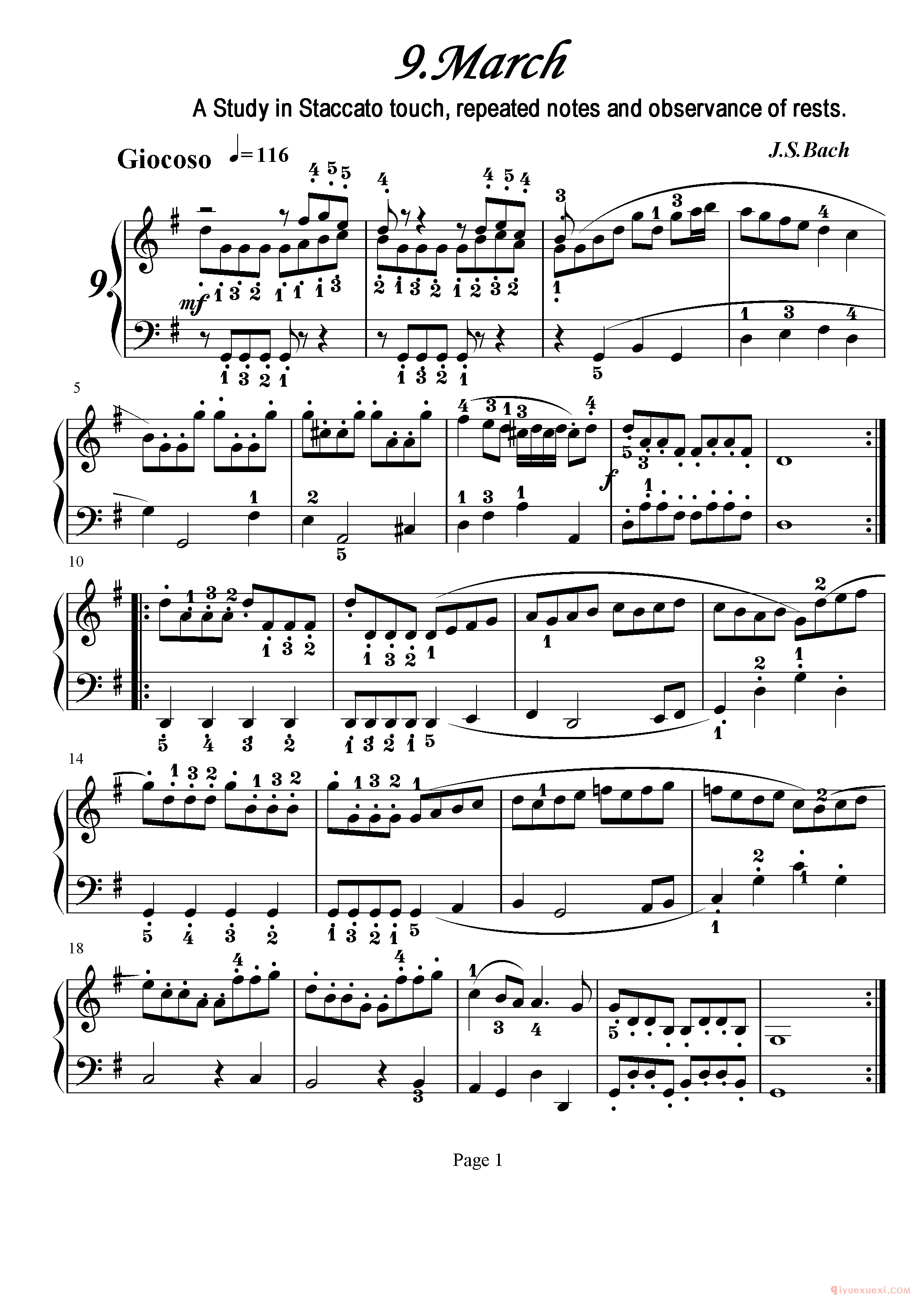 初级钢琴乐曲谱《9.进行曲 March》巴赫,A Study in Staccato touch, repeated notes and observance of rests.