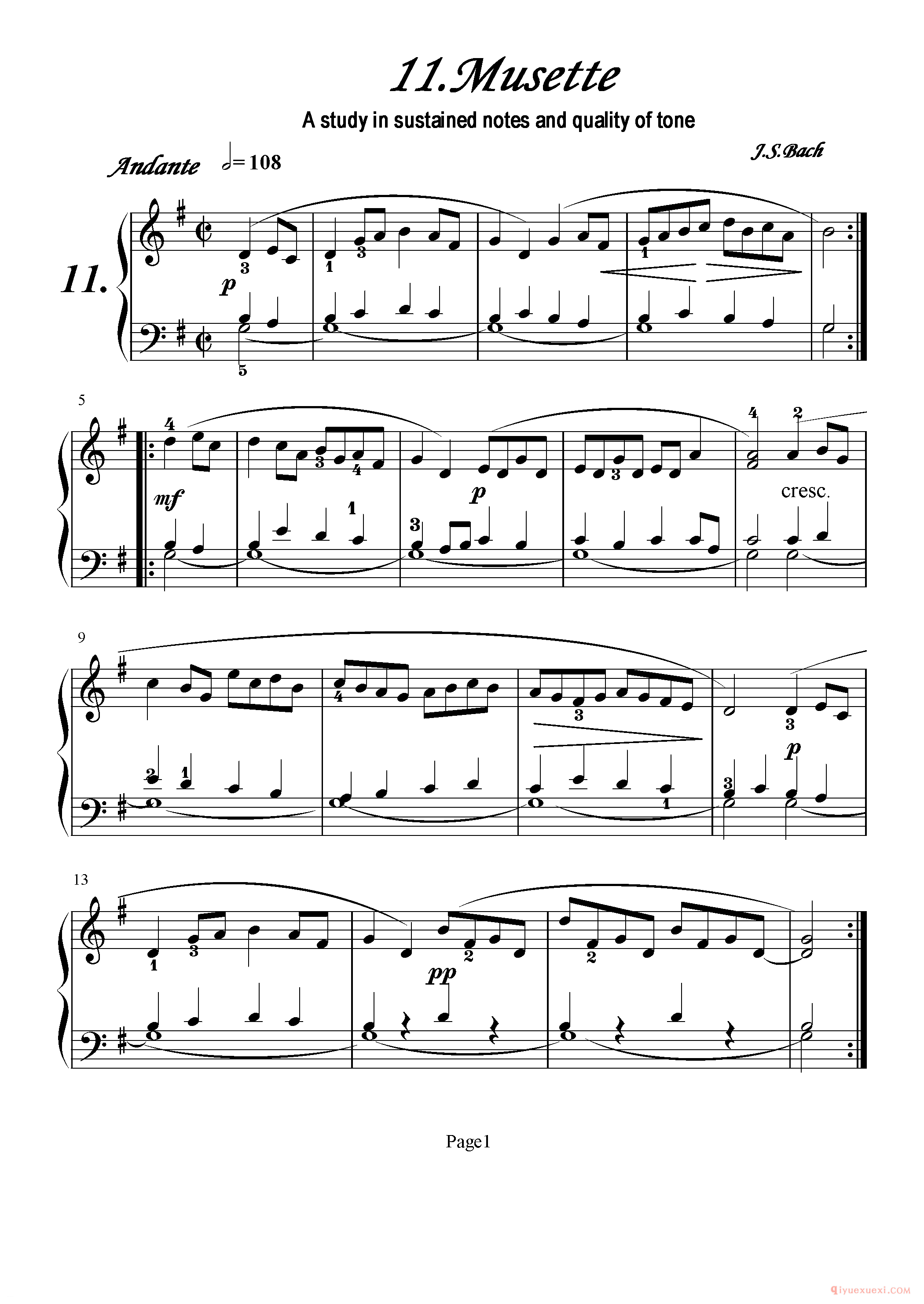初级钢琴乐曲谱《11.风笛舞曲 Musette》巴赫
