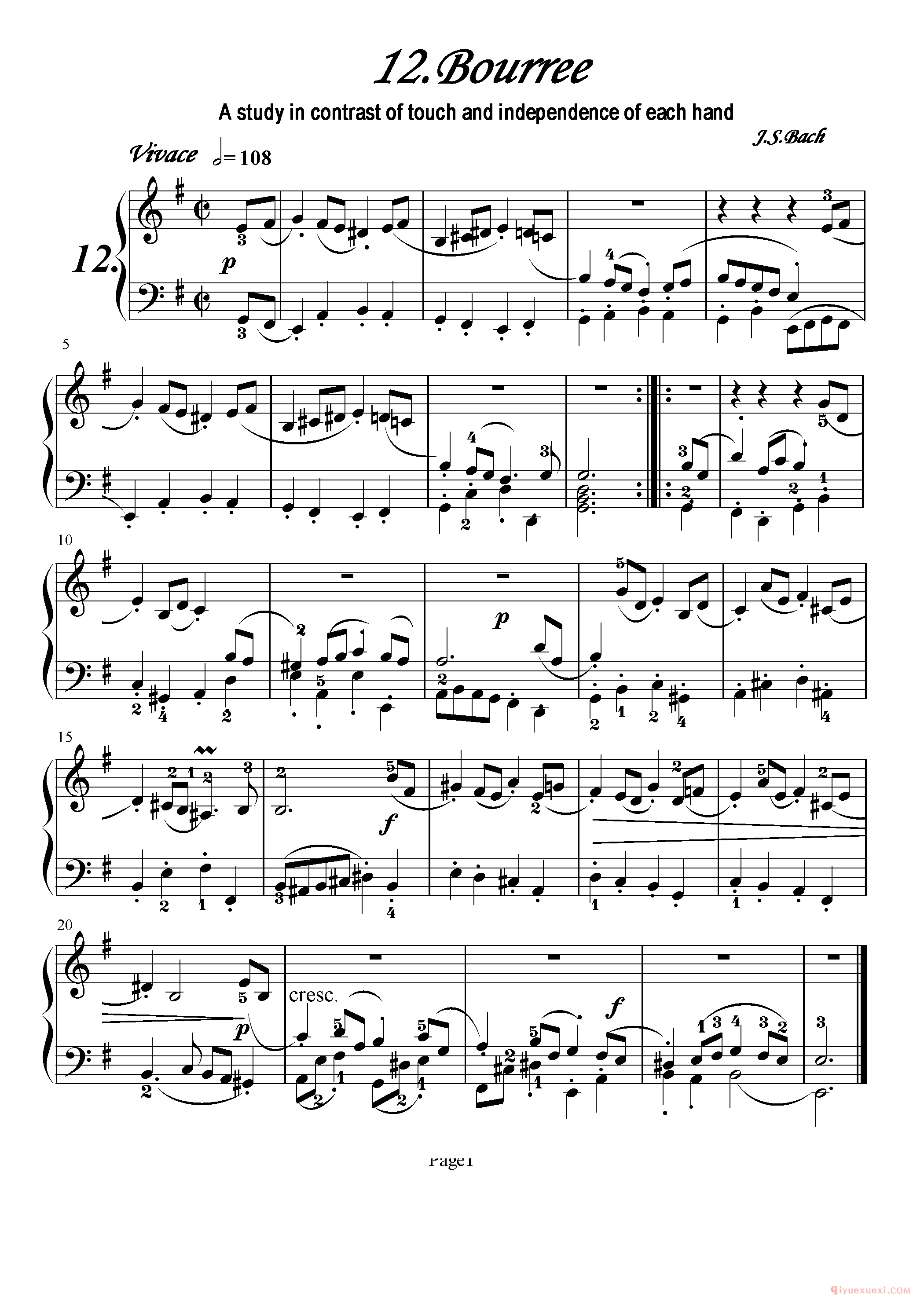初级钢琴乐曲谱《12.布列舞曲 Bourree》巴赫