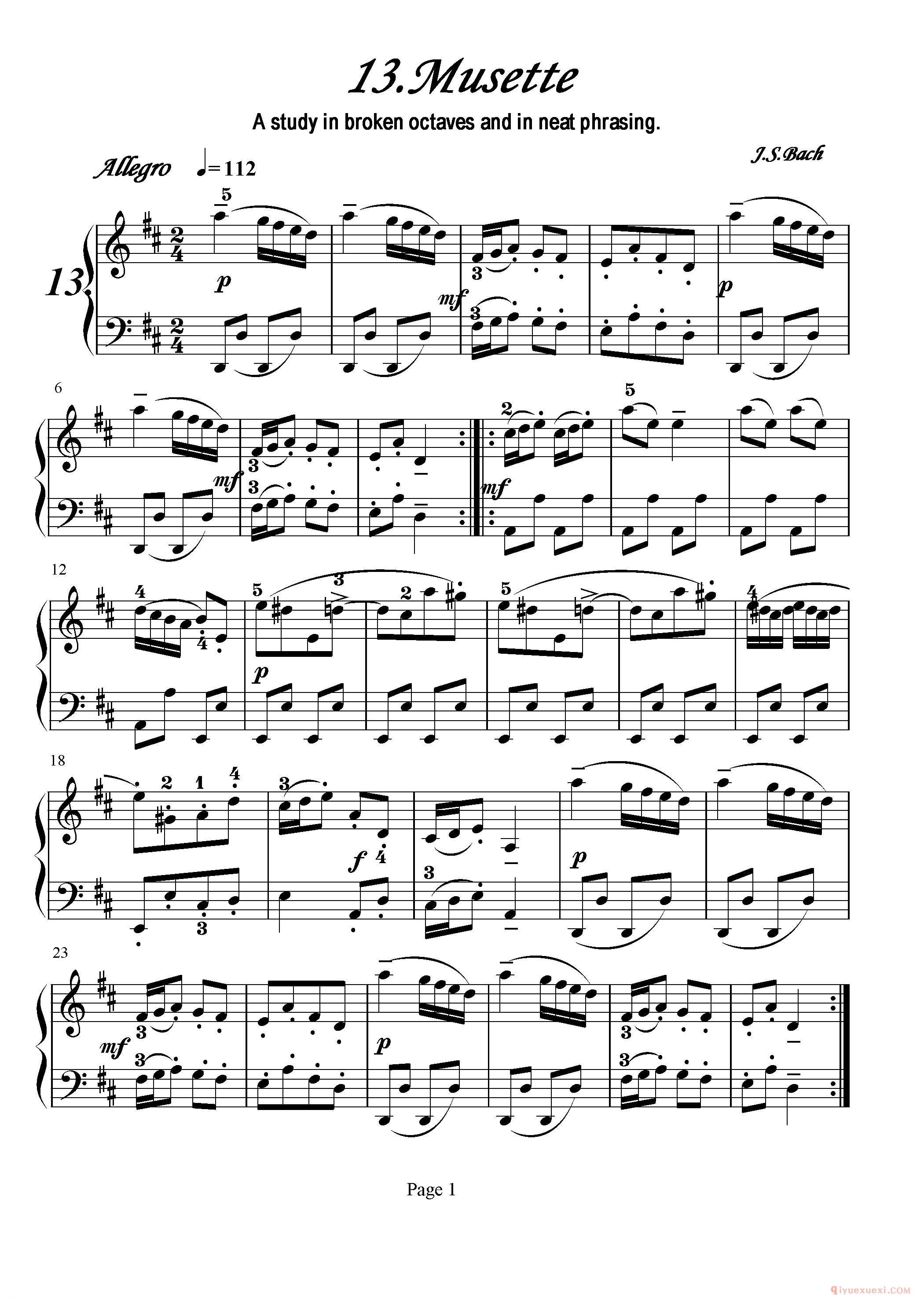 初级钢琴乐曲谱《13.风笛舞曲 Musette》巴赫