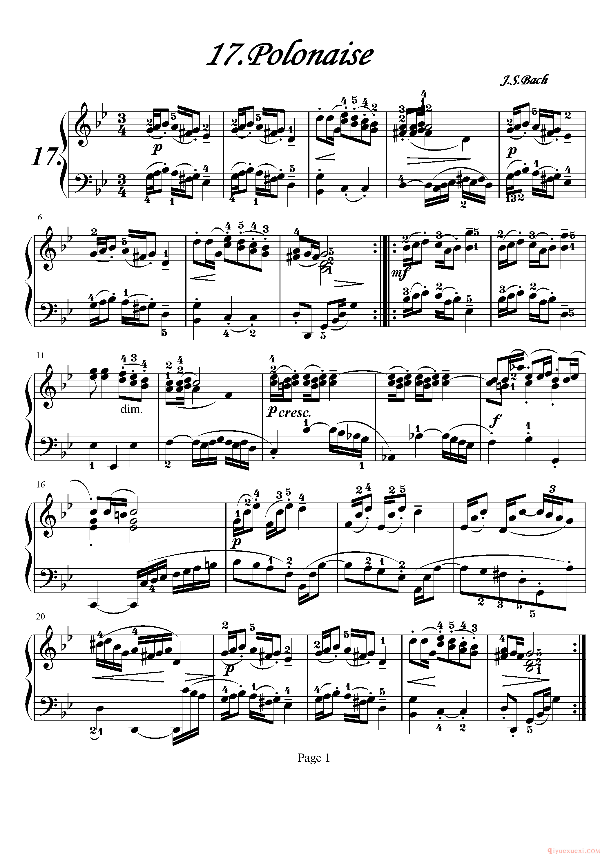 初级钢琴乐曲谱《17.波罗乃兹/波兰舞曲 Polonaise》巴赫