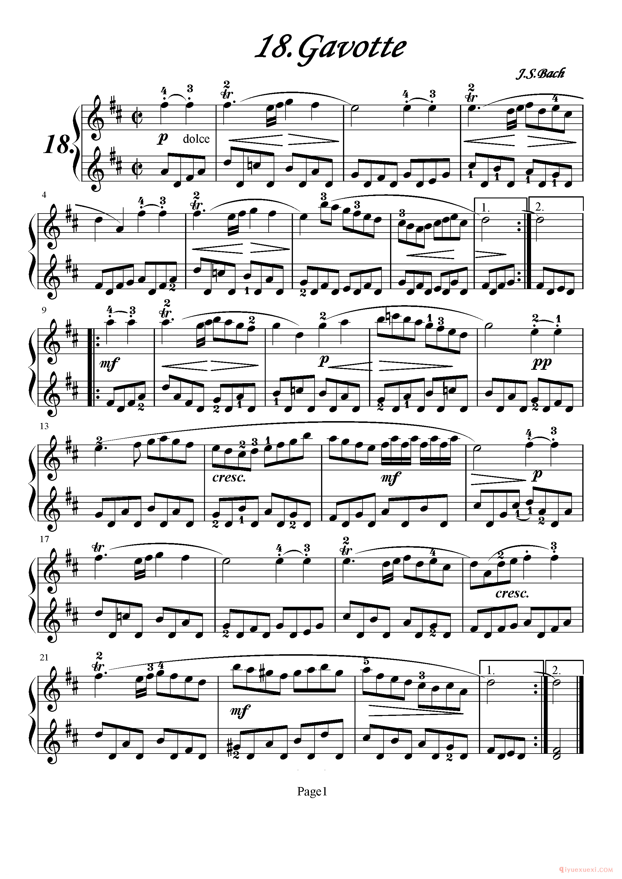 初级钢琴乐曲谱《18.加沃特舞曲 Gavotte》巴赫