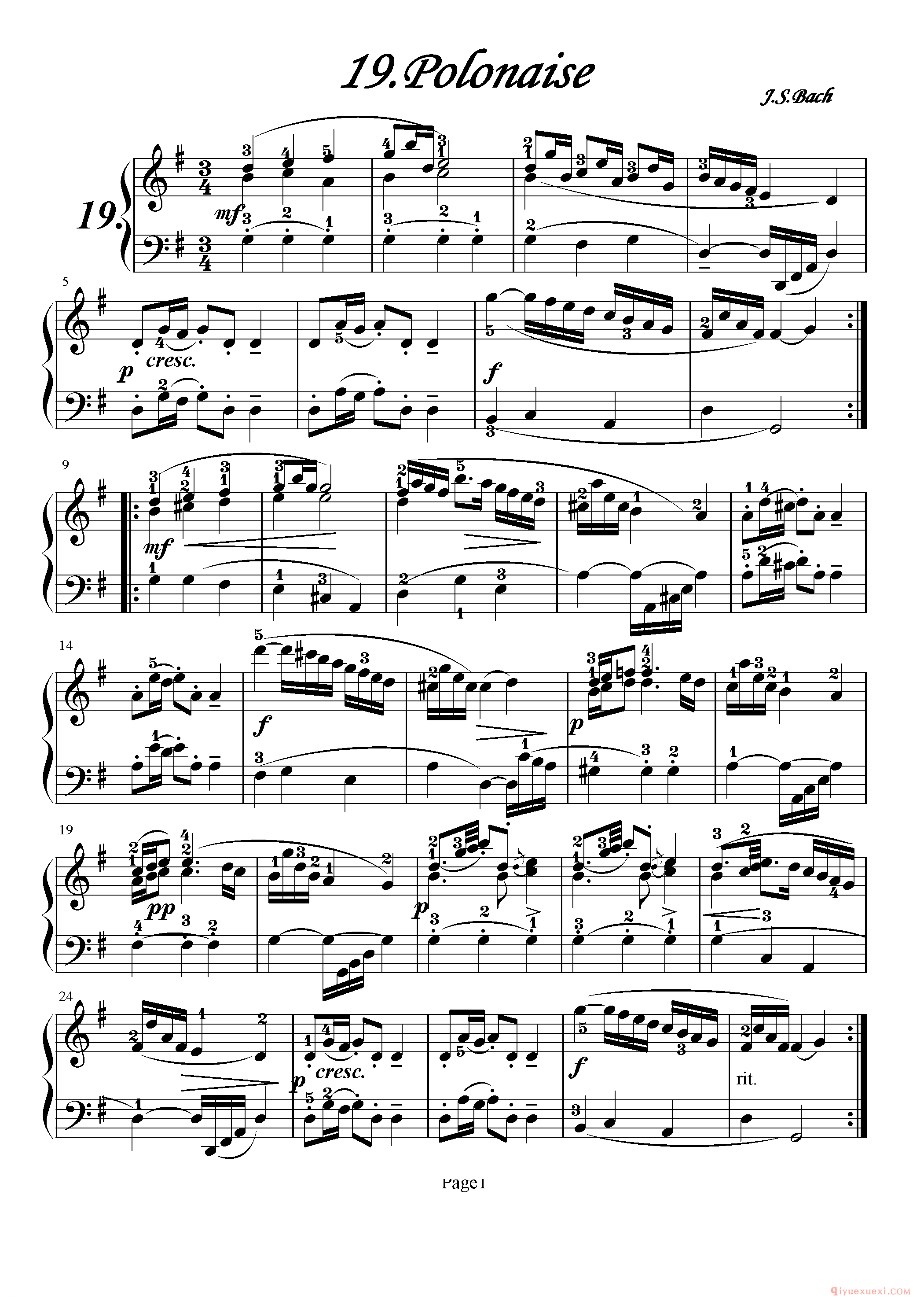 初级钢琴乐曲谱《19.波罗乃兹/波兰舞曲 Polonaise》巴赫