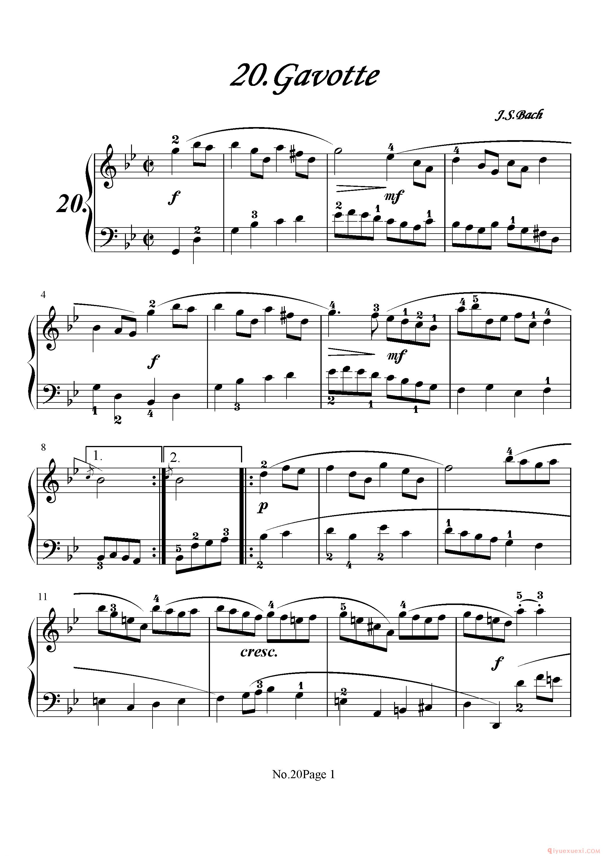 初级钢琴乐曲谱《20.加沃特舞曲 Gavotte》巴赫