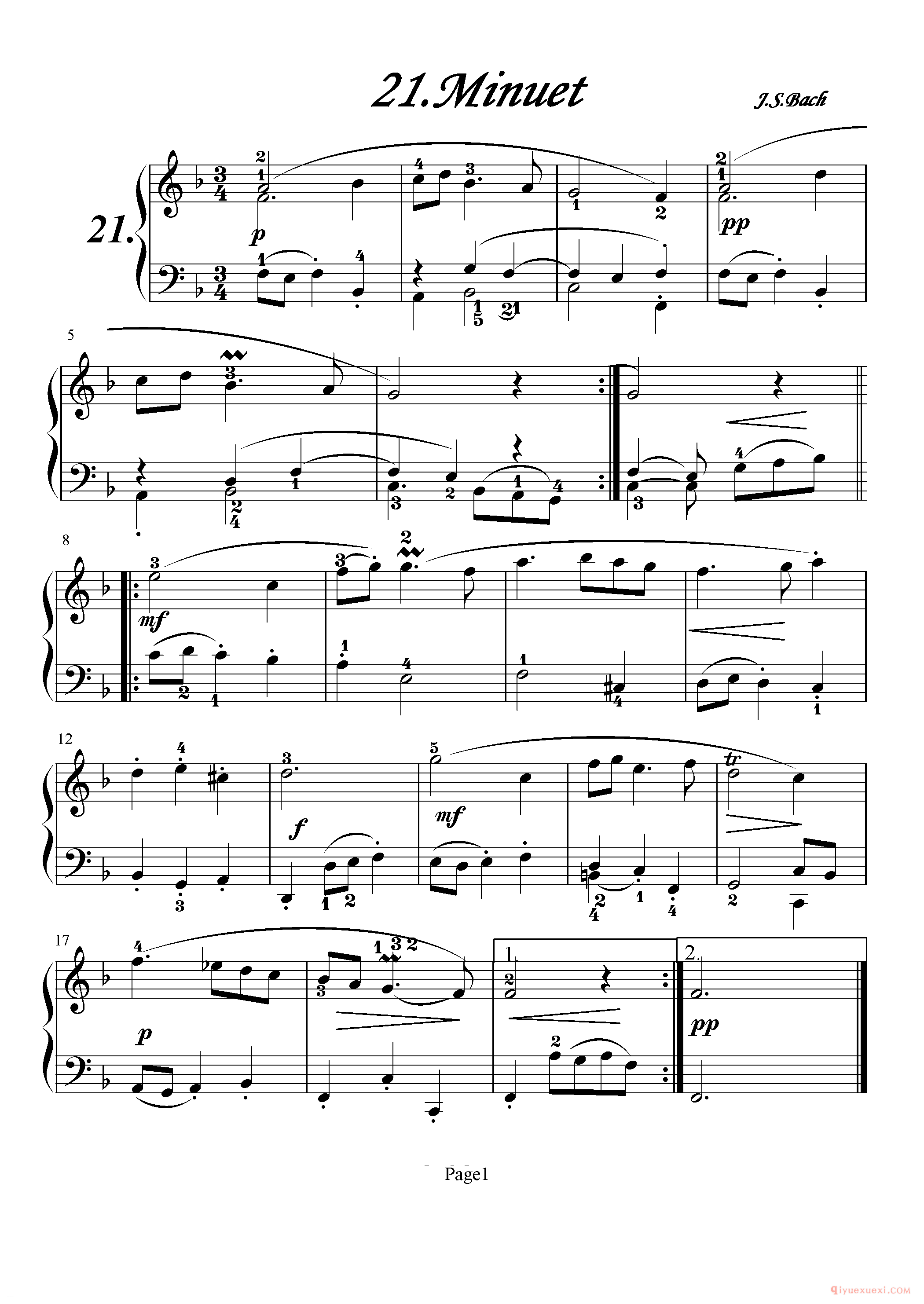 初级钢琴乐曲谱《21.小步舞曲 Minuet》巴赫
