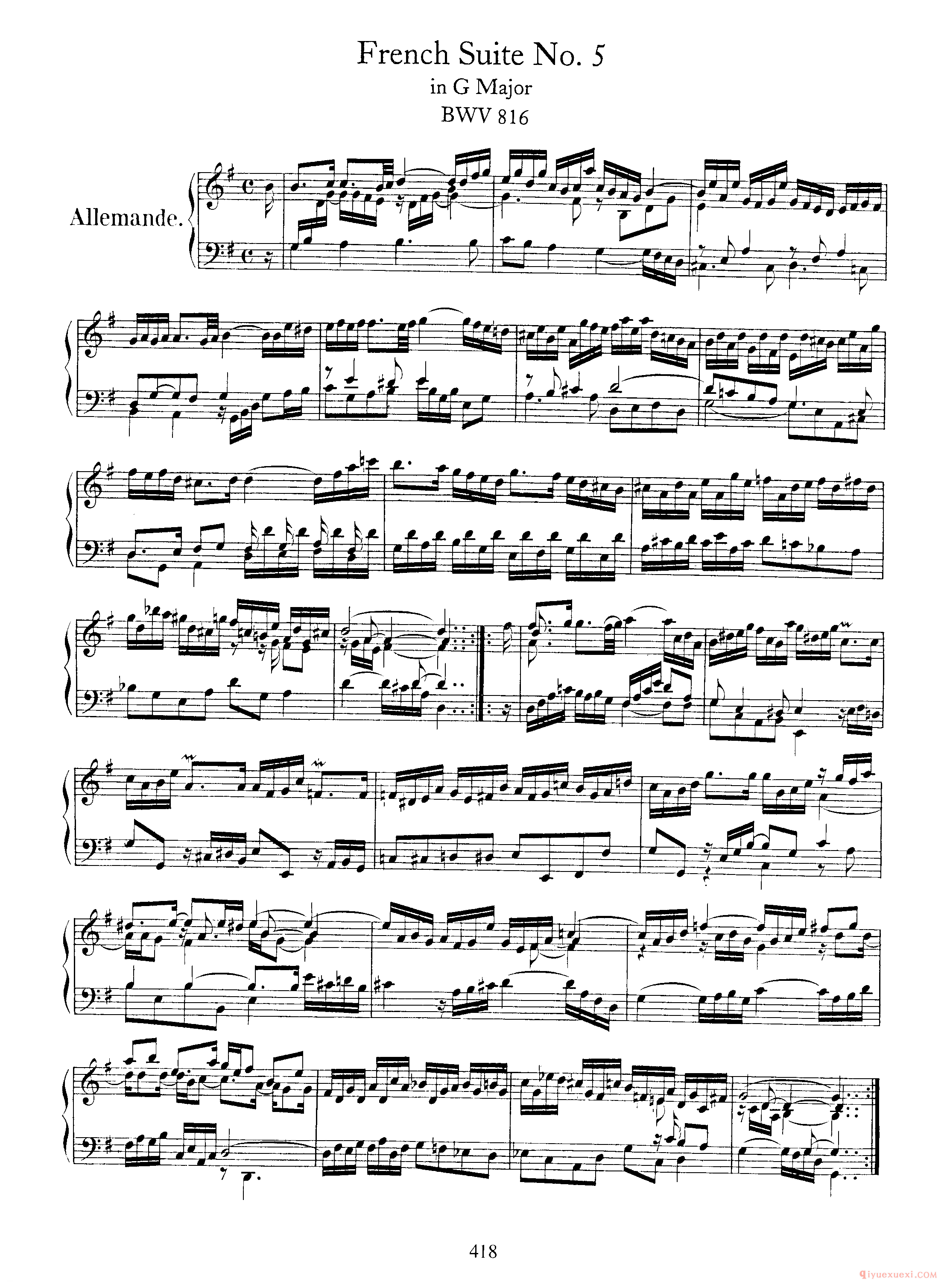 巴赫法国组曲第五首G大调《French Suite NO.5 in G Major BWV816》