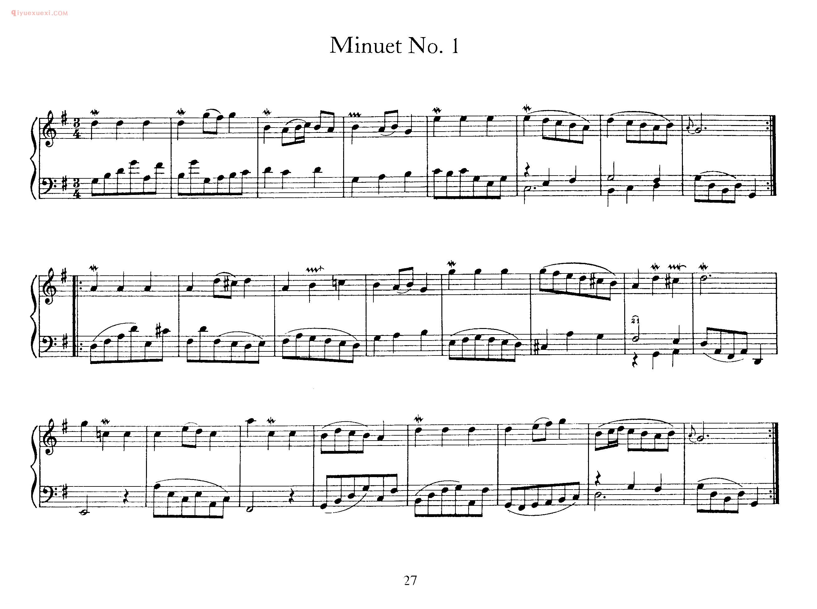 巴赫原版钢琴谱《Minuet NO.1》五线谱