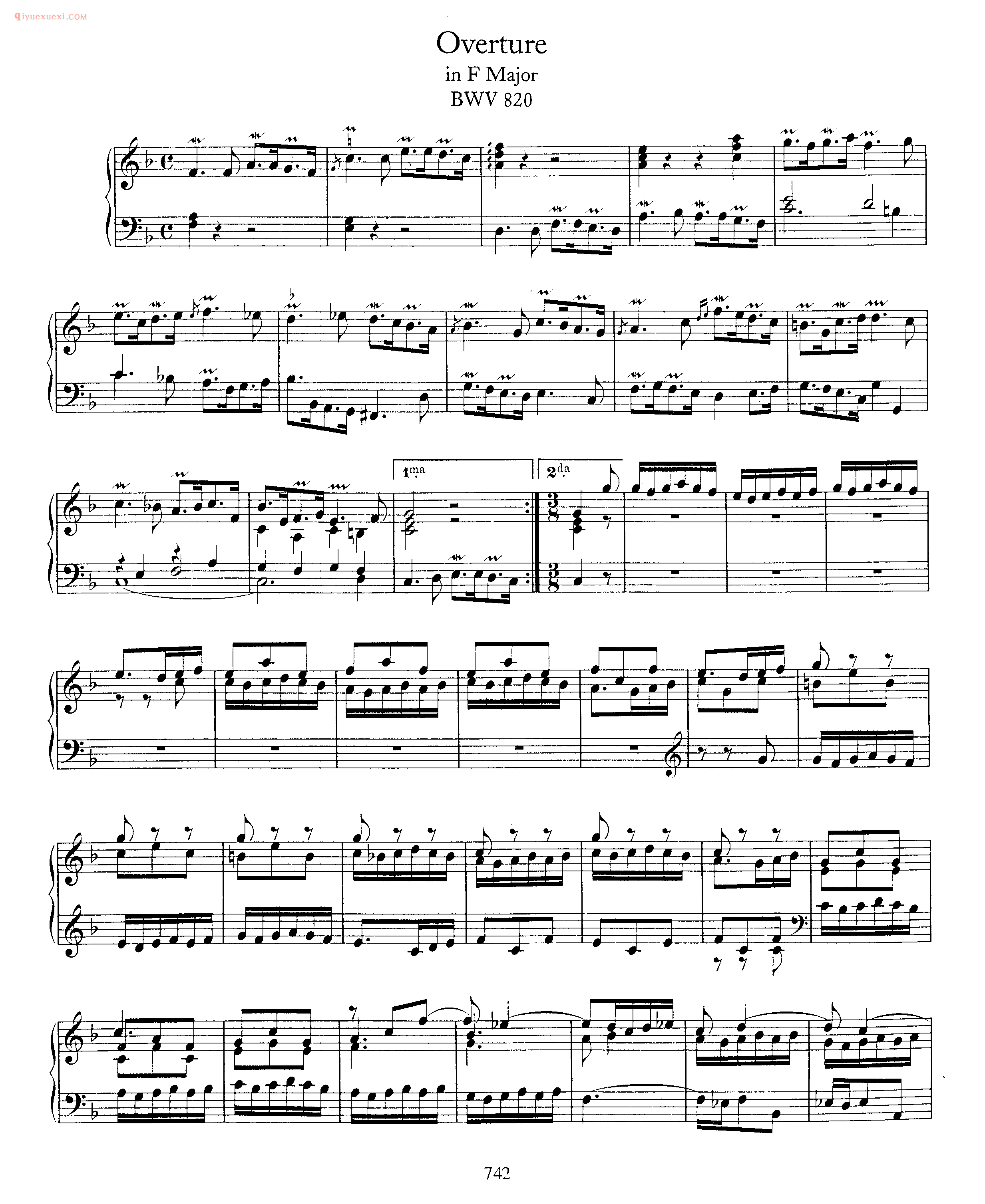 巴赫F大调序曲《Bach Overture in F, BWV 820 》巴赫钢琴作品