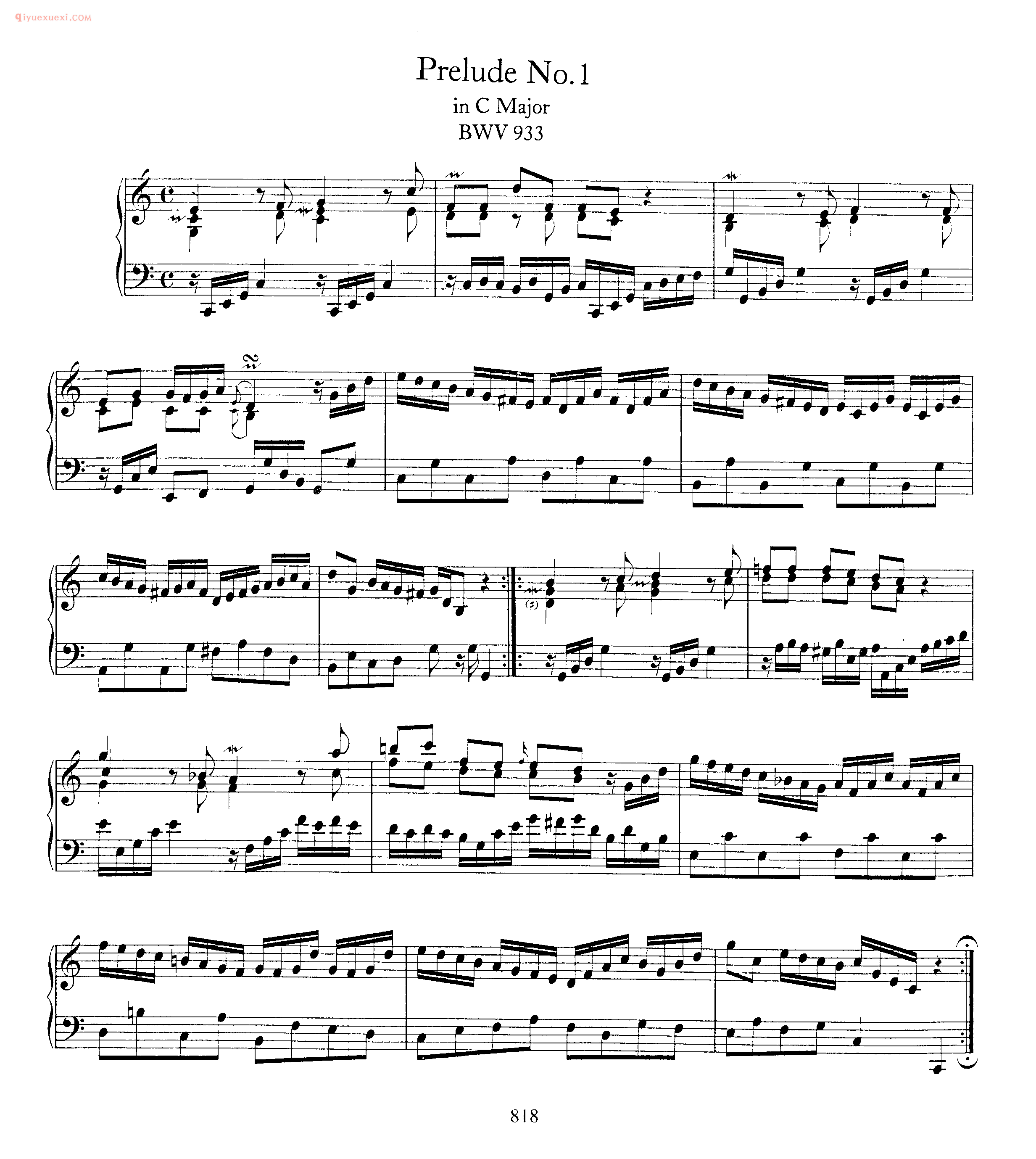 巴赫C大调前奏曲《Prelude No.1 in C Major BWV 933》巴赫钢琴乐谱
